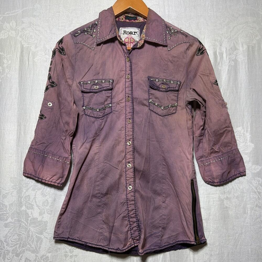 Roar Button Up Pearl Snap Medium Purple Thick Stitch Embroidered Western Stud